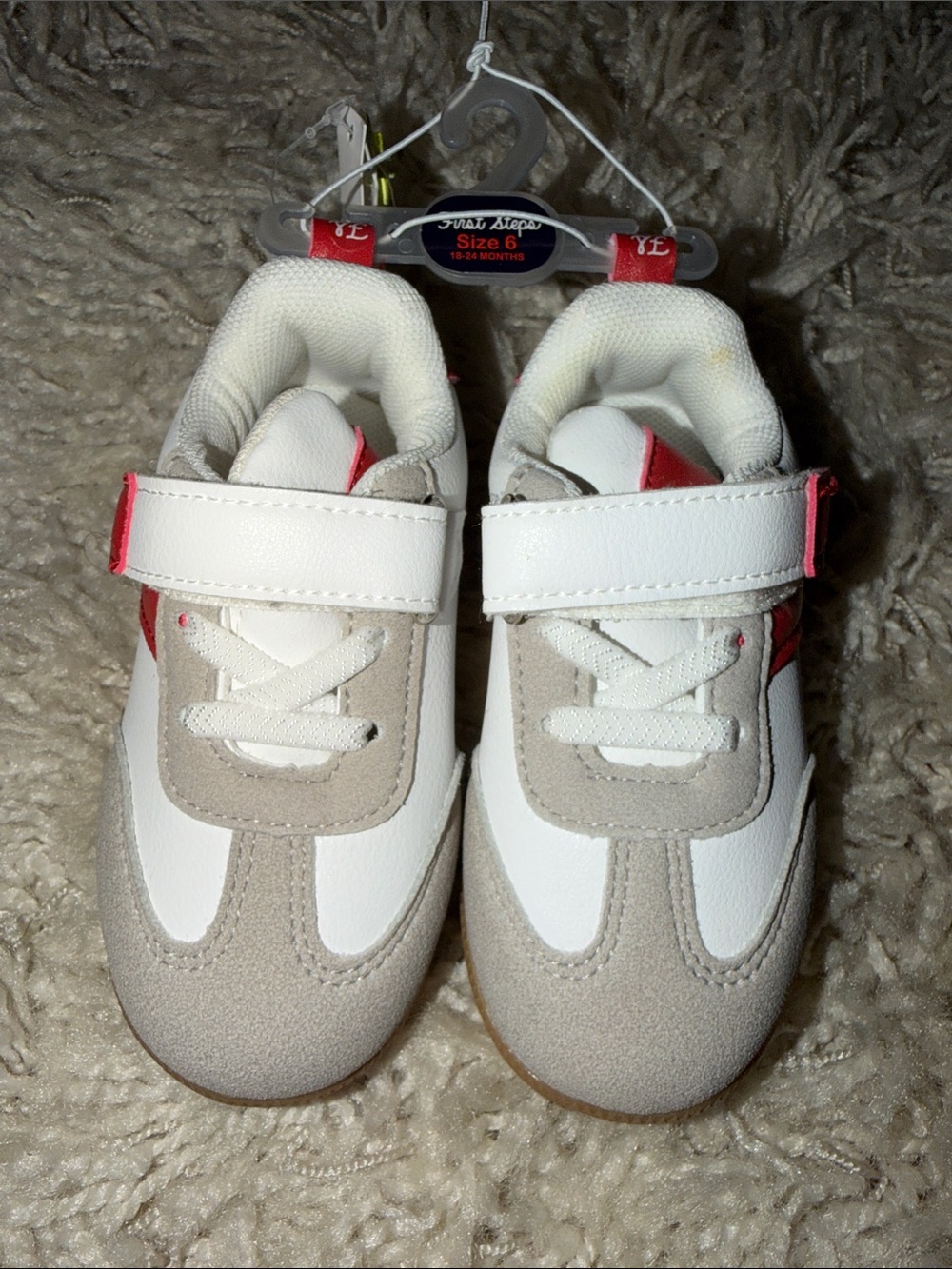 Red, White, and Beige Kids Velcro Sneakers